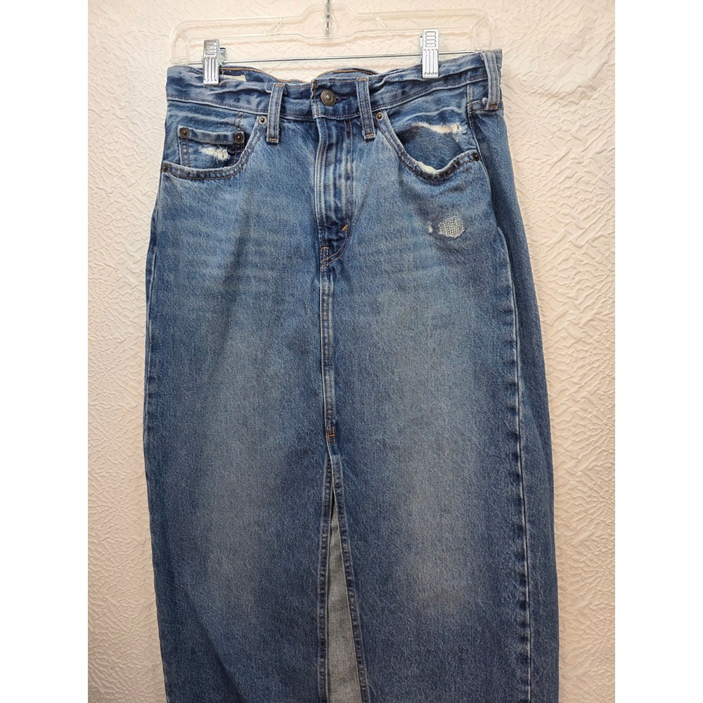 Levis Premium Ankle Column Denim Maxi Skirt 27 Med Wash Slit High Distressed